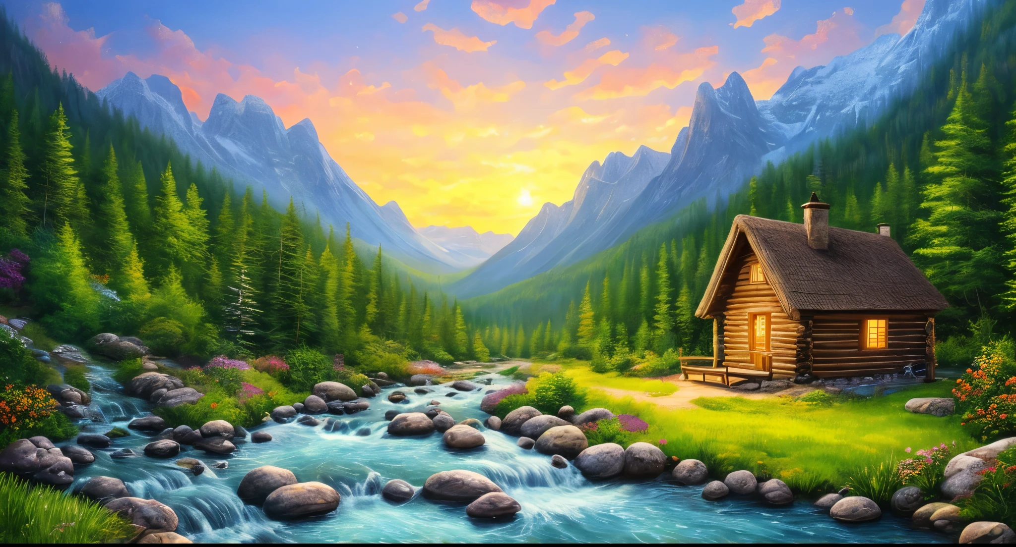 painting of a cabin in a mountain valley with a stream running through it, beautiful art uhd 4 k, background artwork, detailed painting 4 k, 8k high quality detailed art, 4k highly detailed digital art, scenery art detailed, 4 k hd wallpaper illustration, landscape wallpaper, amazing wallpaper, dream scenery art, scenery wallpaper, 4 k hd wallpaper very detailed