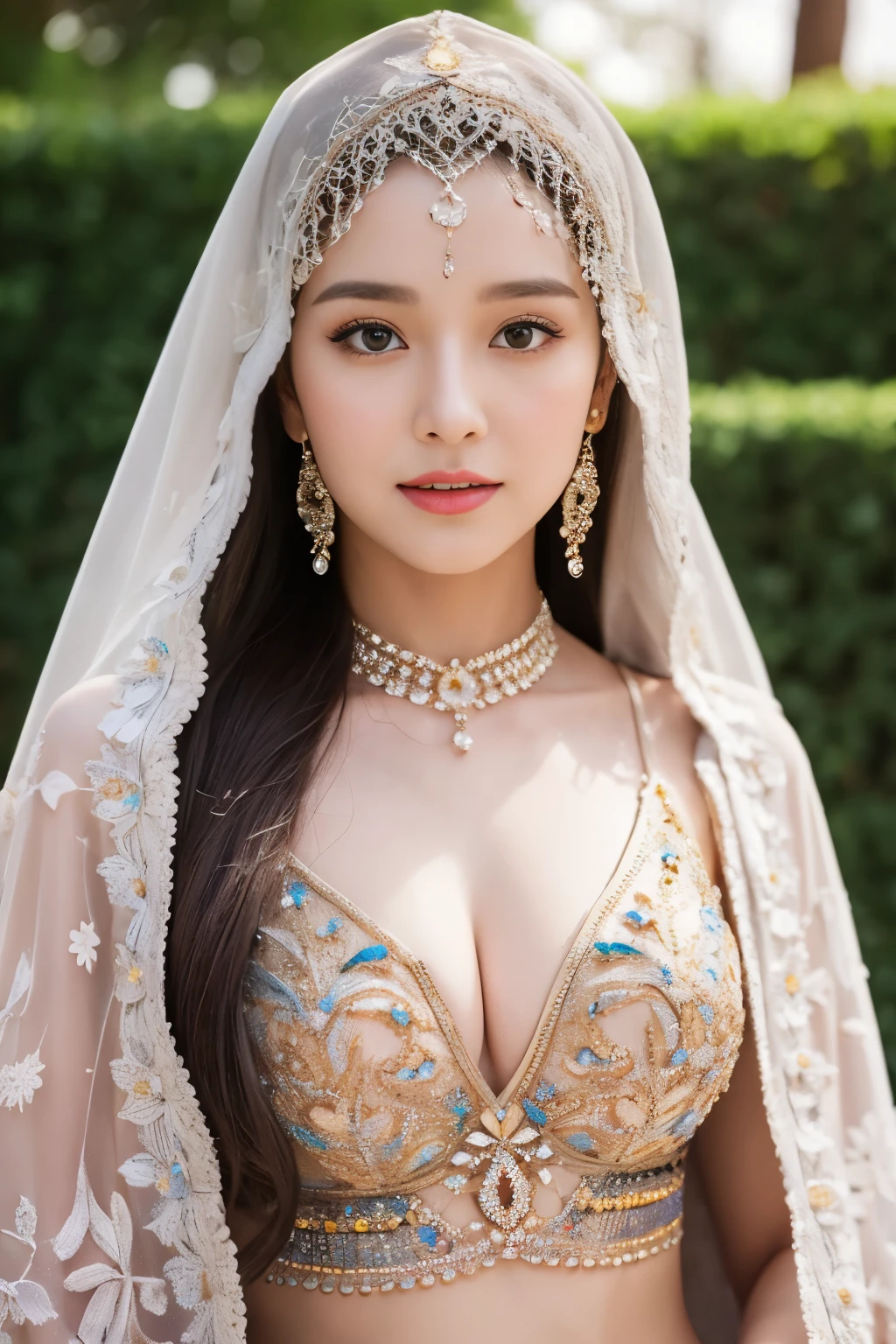 magical, fantasy, tale, top-quality,Beautiful detailed hijabi,Bewitching face,tzuyu iu yooa ,long lashes,Wearing a colorful bellydancer,Detailed details,Colossal ,With cleavage,stares at the camera、javanese castle