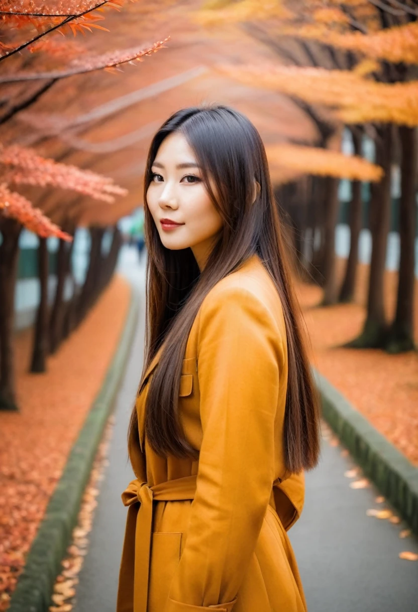 “Asian woman with long, straight, neat hair exploring Japan during the enchanting autumn season.” photo image facing the camera. best quality