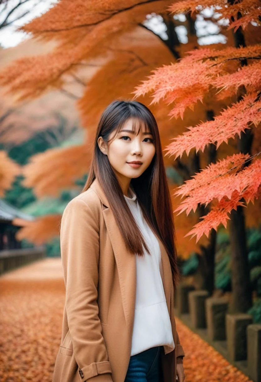 “Asian woman with long, straight, neat hair exploring Japan during the enchanting autumn season.” photo image facing the camera. best quality
