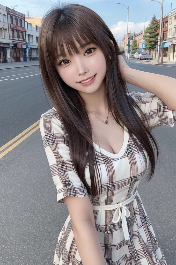 masterpiece, highest quality, High resolution,super detailed, amazingly beautiful woman,１人の girl, (美しいgirl, デリケートなgirl:1.3), (************:1.4), break,  (Casual dress with plaid pattern:1.3), break, extremely fine-grained clarity, (symmetrical eyes:1.3), break, (In town:1.3), break, small breasts, brown eyes,  brown hair, girl, break, (Eye and face details:1.3),break,(A smile that shows white teeth),Both hands are reaching out for the camera,