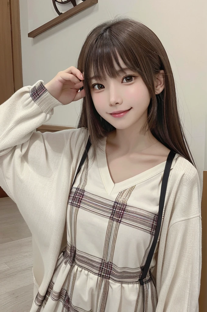 masterpiece, highest quality, High resolution,super detailed, amazingly beautiful woman,1人の girl, (美しいgirl, デリケートなgirl:1.3), (:1.4), break, (Casual dress with plaid pattern:1.3), break, extremely fine-grained clarity, (symmetrical eyes:1.3), break, (In town:1.3), break, small breasts, brown eyes, brown hair, girl, break, (Eye and face details:1.3),break,(A smile that shows white teeth),Both hands are reaching out for the camera,
