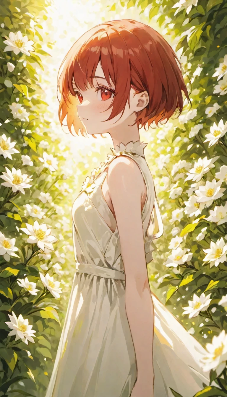 depth of field, masterpiece, best quality, 1girl, solo, red short hair, looking at viewer, hazel eyes, upper body, white dress ,a lot of white flowers, leaf, blurry foreground, sunlight