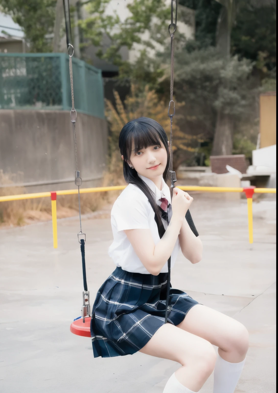 There is a girl sitting on a swing., Japanese girl , Ulzzang, portrait of a Japanese teen, wearing Japanese , Japanese , Black-haired Sui Ishida, young gravure idol, Chiho, realistic young gravure idol, Young beautiful girl gravure idol, seifuku, real anime girl