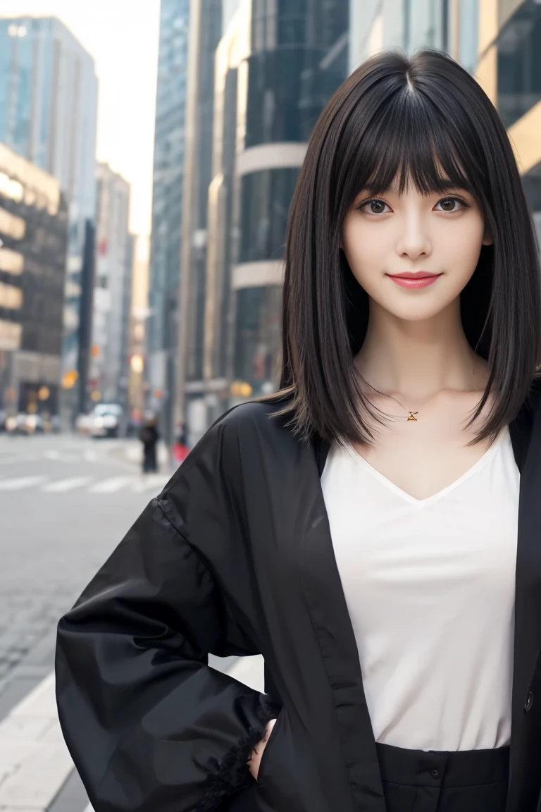 (((masterpiece, highest quality, Super detailed))), 1 female, (((very thin body))) , (((length, thin legs))), (((black straight hair, thick and fluffy bangs ))), (((highly detailed face))),smile, cosmetics free, Small, thin nose, small thin mouth, (((Very sharp focused eyes))), Japanese, beautiful face, (lifelike face), beautiful hairstyle, realistic eyes, fine and beautiful eyes, (real looking skin), beautiful skin, charm, ultra high resolution, surreal, high detail, golden ratio, (detail makeup:1.2),A raincoat with an asymmetrical silhouette,Wearing stylish boots
