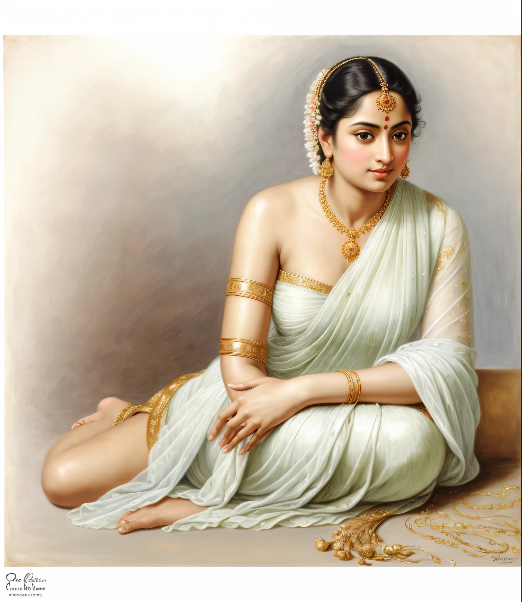 Beautiful Indian Woman, wearing saree, sari Beauty, gorgeous, Apsara, Maharani, royal queen woman, nymph from Hindu Mythology, Urvashi, matchless beauty, Highly detailed, Oil Painting by Peter Paul Rubens inspired by Raja Ravi Varma, Matchless beauty, captivating, gorgeous, heavenly beauty, celestial beauty, by Peter Paul Rubens, 13, realistic, hyper realistic, micro details, incredible artwork, insane details, ultra High resolution, 8k, 32k, acrylic on canvas, intricate, flawless, detailed, detailed face, detailed eyes, masterpiece, by Peter Paul Rubens, by Caravaggio, by William Adolphe bouguereau, perfect face, perfect body, beautiful art, realism, baroque, renaissance Art, highly textured, beautiful and detailed eyes, uhd, best quality,