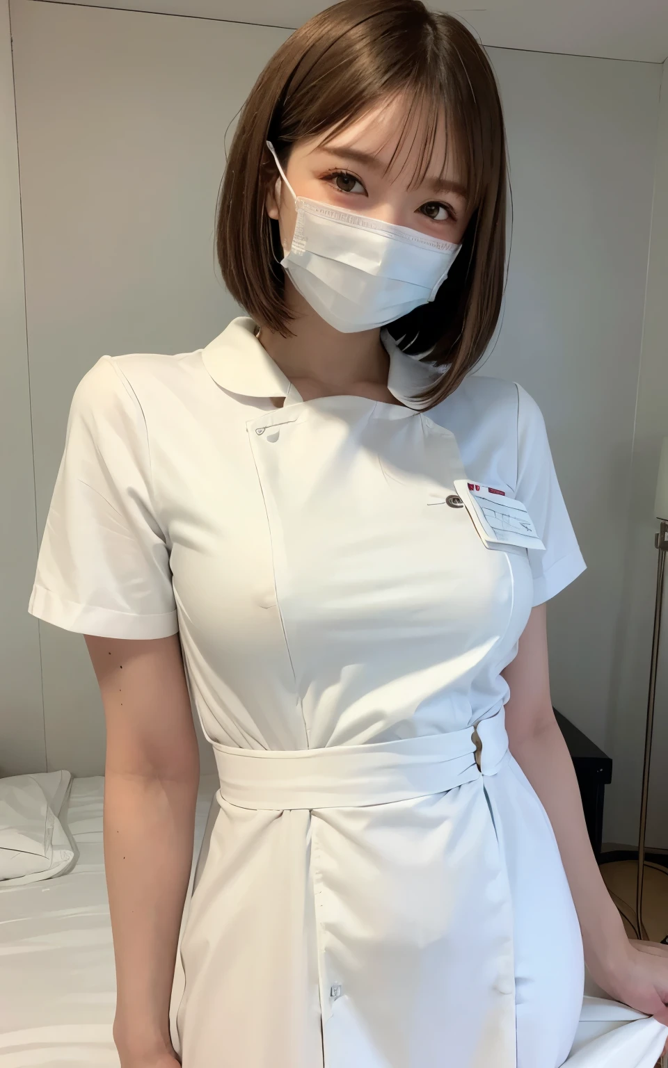 1 girl,(Wearing white nurse clothes:1.2),(RAW photo, highest quality), (realistic, photo-realistic:1.4), masterpiece, very delicate and beautiful, very detailed, 2k wallpaper, wonderful, finely, very detailed CG unity 8k wallpaper, Super detailed, High resolution, soft light, beautiful detailed girl, very detailed eyes and face, beautifully detailed nose, finely beautiful eyes, nurse, perfect anatomy, black hair, up style, nurse uniform, ((mask)), long skirt, nurse, white costume, thin, hospital, clear, white uniform, hospital room, auscultation of the neck,bob cut