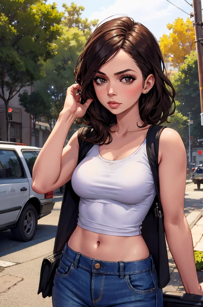 closeup, babe, samdoesarts style beautiful woman, in a park with orange leafs , by jeremy mann, by sandra chevrier, by dave mckean and richard avedon and maciej kuciara, white tank top and jeans, high detailed, 8k