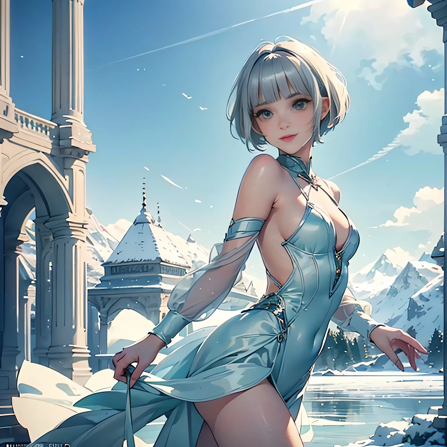 (White figure skate costume),((1girl,cute,young,pixie cut beautiful silver blonde hair,blunt bangs,beautiful green eyes)),(solo),((masterpiece, highest resolution,best quality)), (beautiful illustration),(White figure skate costume),
(looking at the viewer), innocent smile,cinematic lighting,beautiful icy lake and mountains,flowers,trees,snow,blue sky