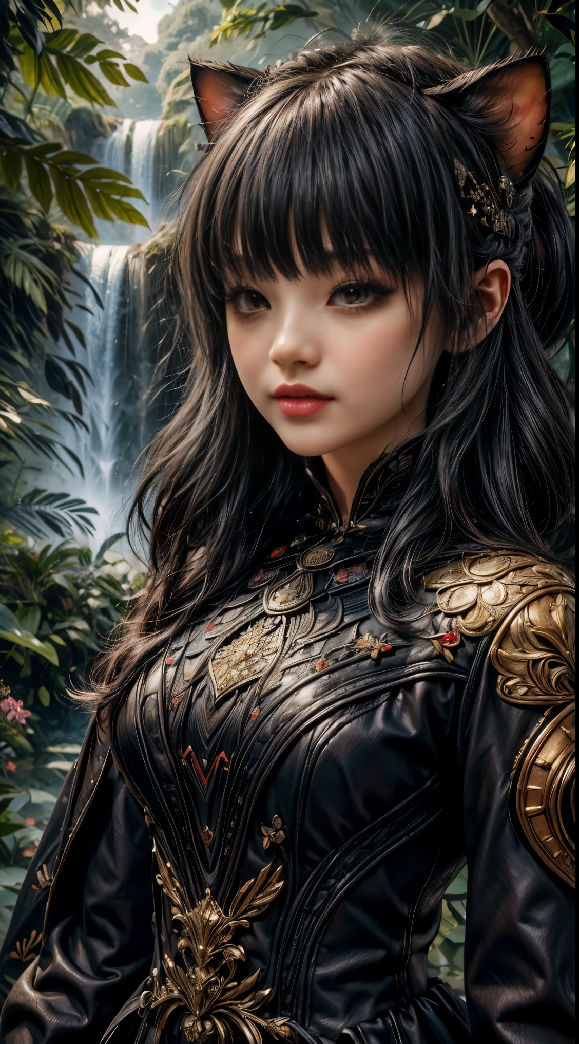 Una monja sexy con ojos seductores y labios carnosos.,ojos rojos,  vistiendo un revelador vestido de encaje negro y tacones altos, posa con gracia en una catedral con poca luz. su largo, El cabello largo negro orejas de gato ondulado cae en cascada por su espalda., enmarcando su seductor rostro. The detailed pleats of her dress create a sense of mystery and intrigue., as the soft candlelight casts a warm glow on your perfect skin. La obra de arte es una obra maestra de belleza fotorrealista., captured with high-resolution precision and ultra-detailed rendering. Vibrant colors add depth and richness to the scene., con un toque de bokeh de fondo, creating an ethereal atmosphere. The overall composition exudes sensuality and sophistication., making it a captivating portrait in the genre of erotic art..