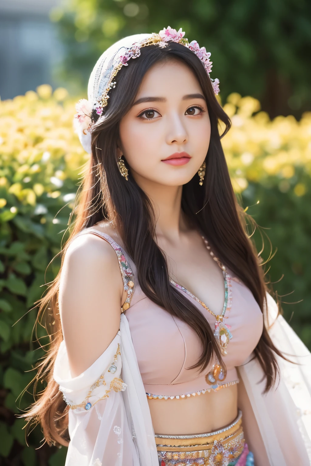 colorful, sky, flowers, magical, fantasy, tale, top-quality,Beautiful detailed hijabi,Bewitching face,tzuyu iu yooa ,long lashes,Wearing a colorful bellydancer,Detailed details,Colossal ,With cleavage, underboob, sideboob,stares at the camera, javanese castle, monastery