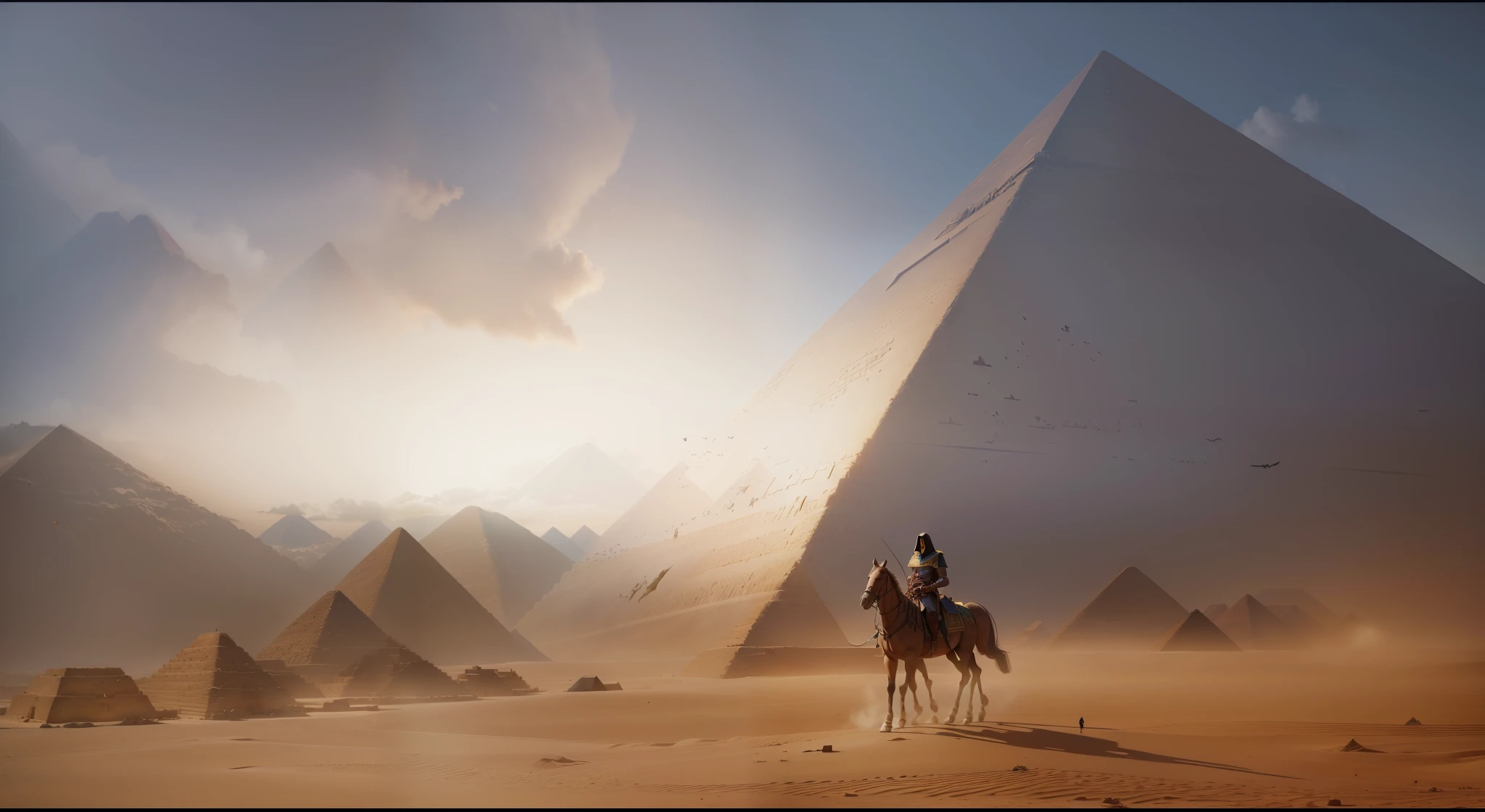 There is a man on a horse in front of the pyramids, assassin's creed, Pyramid Portal, inspired Rafael Lacoste, egyptian pyramids, amazing VFX, Background pyramid, Ancient Pyramids, Pyramid style, Epic cinematic shots, Ancient megastructures: pyramids, Gameplay footage, Rafael Lacoste, Spectacular cinematic matte paint, Egyptian, assassin's creed, Pyramid ruins at sunset