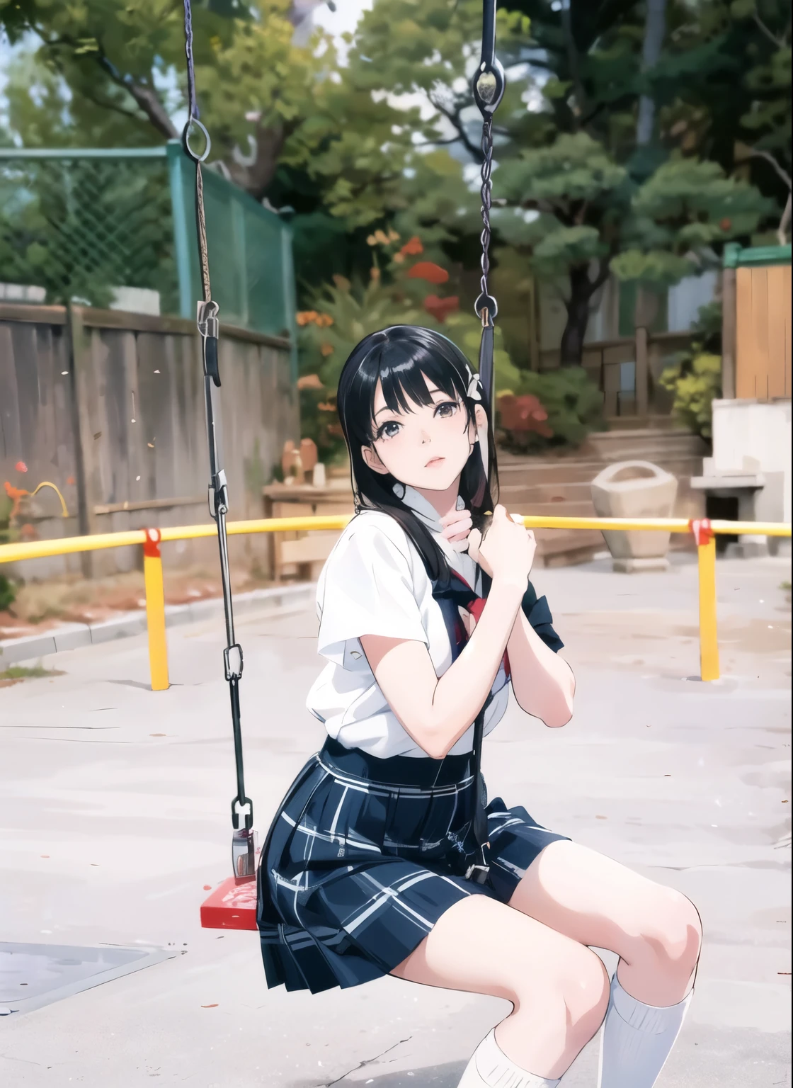 There is a girl sitting on a swing., Japanese girl , Ulzzang, portrait of a Japanese teen, wearing Japanese , Japanese , Black-haired Sui Ishida, young gravure idol, Chiho, realistic young gravure idol, Young beautiful girl gravure idol, seifuku, real anime girl