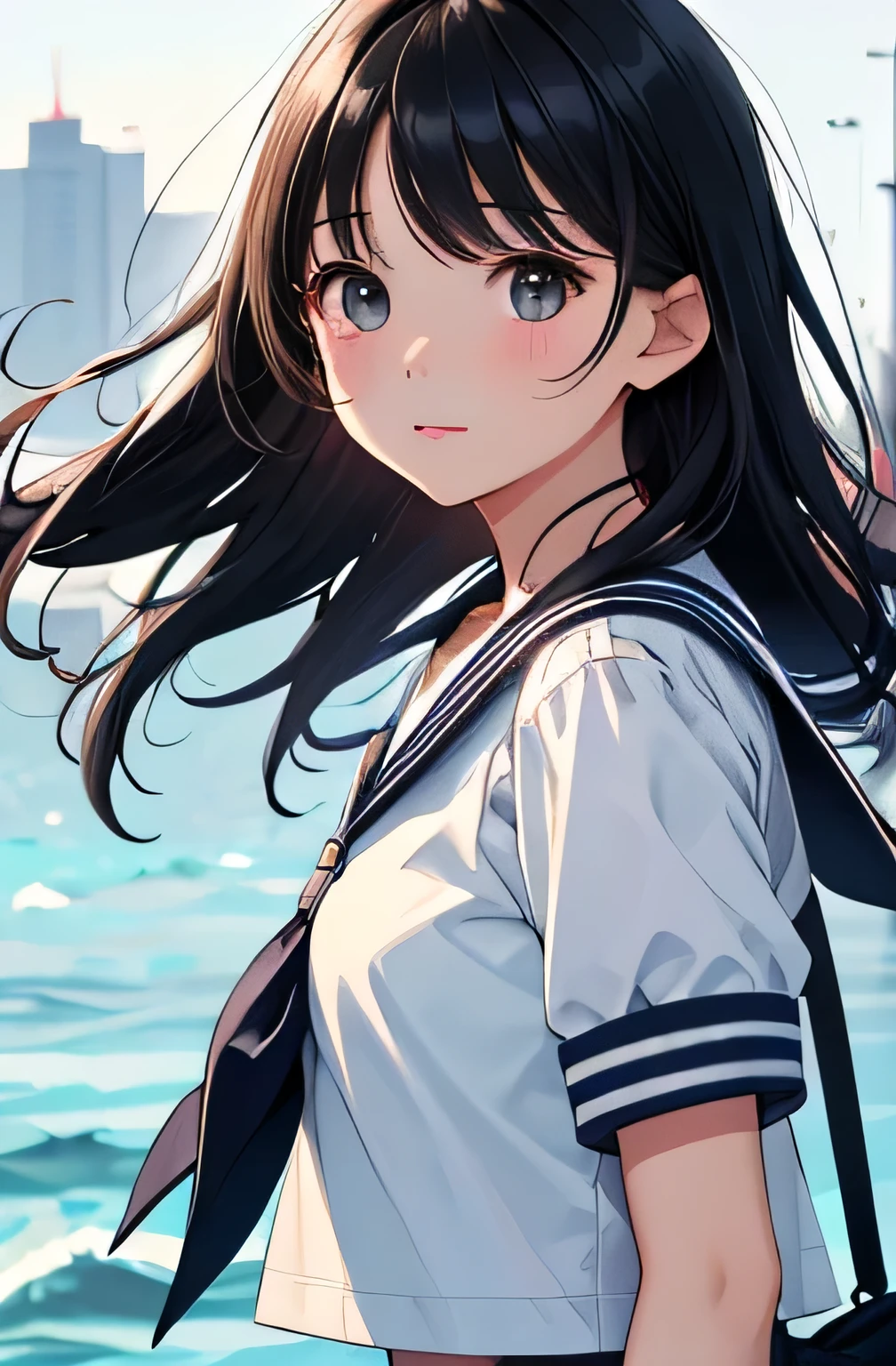 (highest quality:1.4)、High resolution、detailed background)、(detailed beautiful face:1.4)、detailed expression、anatomically correct、realistic、beautiful age girl、long black hair、cute hairstyle、Light inner color hair、Zoom in on shoulder from the side、Staring into the distance with a sad face、upper body only、pier、The wind is blowing、Emphasis on feminine silhouettes、cute、
(Cute colored sailor uniform、white sailor collar:1.2)、plaid pleated mini skirt、Cute Eyes