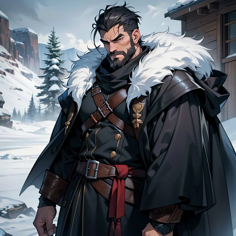 COLD Sentinel, male: A solitary figure standing in the midst of an icy landscape, clad in thick layers of furs and woolen garments, with a stony expression etched on his face. His stubble-covered jaw is sharp and defined in the frosty air, his eyes piercing and intense, scanning the harsh, wintry scene around him. He wears a thick, fur-lined cloak, the hood thrown back to reveal a matures, beefy face with thick eyebrows that accentuate his furrowed brow. His beard is meticulously designed and maintained, as evidenced by the crisp lines at his jawline. His eyes are Ultra-detailed