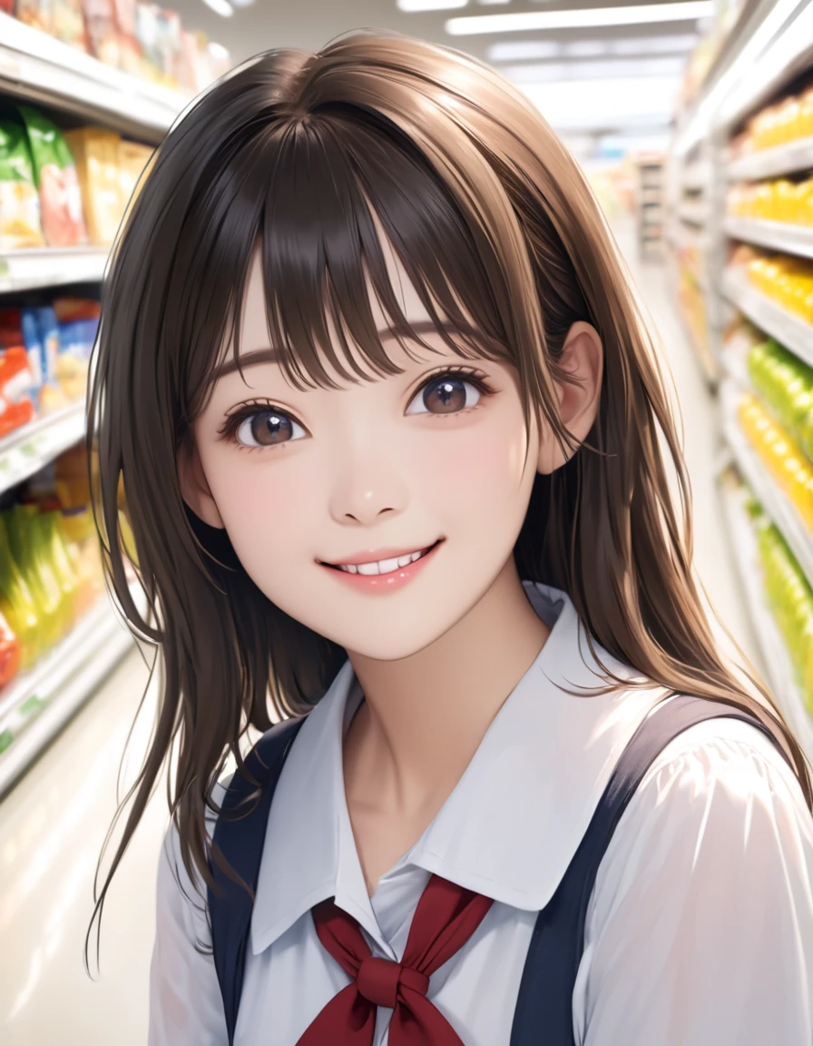 1 girl, Happy, smile, (at the supermarket:1.2), ((school uniform:1.2)), Raw photo, (photorealistic:1.37, realistic), High-definition CG integrated 8K wallpaper, looking at the viewer, (((straight from the front))), (headquarters skin:1.8, shiny skin), 8k uh,  soft lighting, high quality, film grain, ((Upper body:1.6)), (professional lighting:1.6)、（blush：1.5）