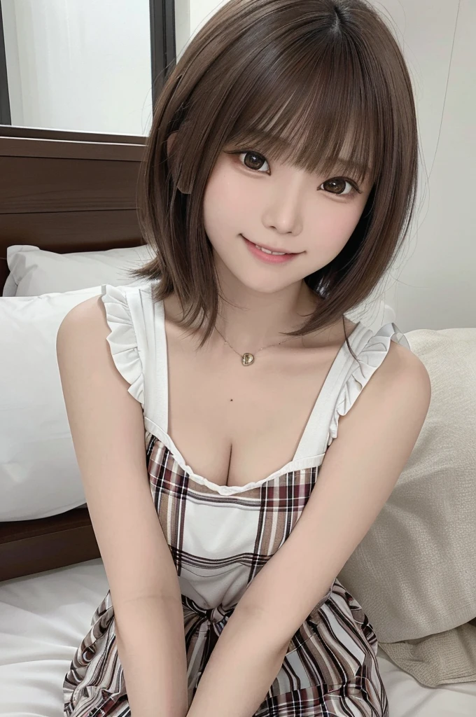 masterpiece, highest quality, High resolution,super detailed, amazingly beautiful woman,１人の girl, (美しいgirl, デリケートなgirl:1.3), (************:1.4), break,  (Casual dress with plaid pattern:1.3), break, extremely fine-grained clarity, (symmetrical eyes:1.3), break, (In town:1.3), break, small breasts, brown eyes,  brown hair, girl, break, (Eye and face details:1.3),break,(A smile that shows white teeth),Banzai,