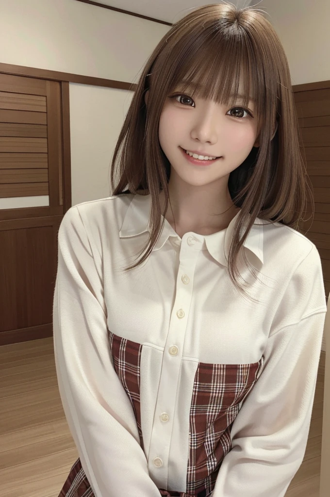 masterpiece, highest quality, High resolution,super detailed, amazingly beautiful woman,１人の girl, (美しいgirl, デリケートなgirl:1.3), (13 years old:1.4), break,  (Casual dress with plaid pattern:1.3), break, extremely fine-grained clarity, (symmetrical eyes:1.3), break, (In town:1.3), break, small breasts, brown eyes,  brown hair, girl, break, (Eye and face details:1.3),break,(A smile that shows white teeth),Banzai,