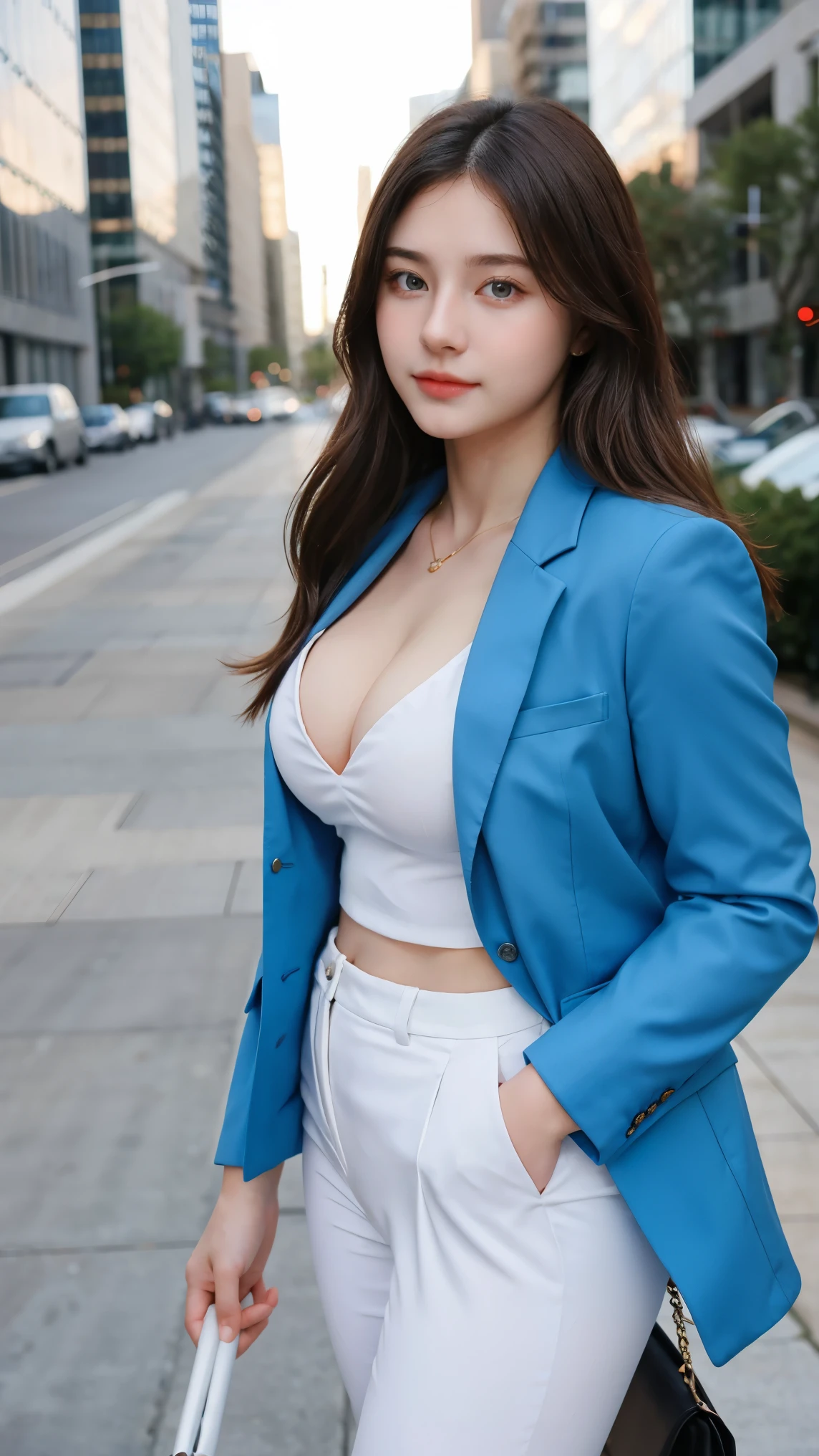 Gorgeus Girl, Beautiful, Baby Face, 20 Years Old, White Skin, Beside, Sexy Pose, business suits, Blue Eye, Muscles, Bokeh, Modern Place Background, Masterpiece, Fullbody Shot, blazer