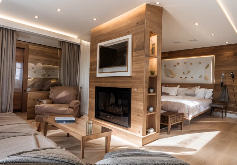 Designed in a modern style, using wooden materials, luxurious space
