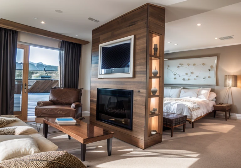 Designed in a modern style, using wooden materials, luxurious space