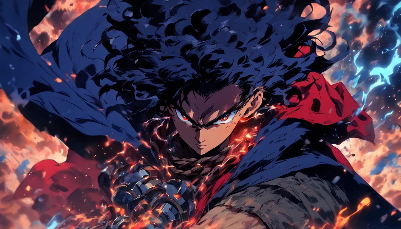 40s, male, final boss, navy blue hair, black steam floating around, intense gaze, wearing a red cloak