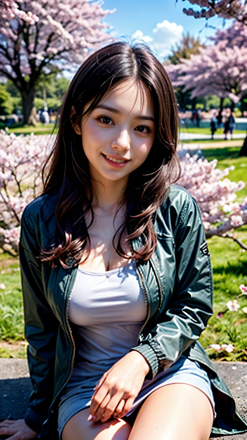 (Selfie of a girl wearing a spring jacket and a spring shirt:1.5), (8K, Raw photo, 最high quality, masterpiece), (realistic, photo-realistic), Super detailed, high quality, professional lighting, Physically based rendering photo of an 18 year old female, (2 girls:1.3), ,(japanese idol:1.3), (cute:1.3), (cute顔:1.3), (long hair, dark black hair), (high definition skin:1.2), (super delicate face, Super delicious, very delicate black eyes, highly detailed nose, Super detailedな口, big breasts), (Cherry blossom trees:1.4), (A girl sitting quietly on the grass in the park:1.5), (smile:1.4)
