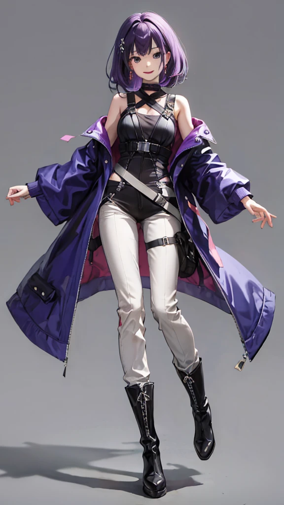 purple hair girl,medium hair,Harness,No sleeve,pants,boots,simple background,smile,whole body,full body,full body,Standing picture,vtuber,front,from front,Viewer&#39;s perspective,視線をfrontに,
