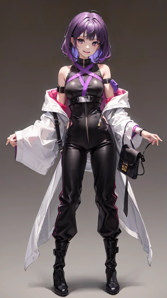 purple hair girl,medium hair,Harness,No sleeve,pants,boots,simple background,smile,whole body,full body,full body,Standing picture,vtuber,front,from front,Viewer's perspective,視線をfrontに,