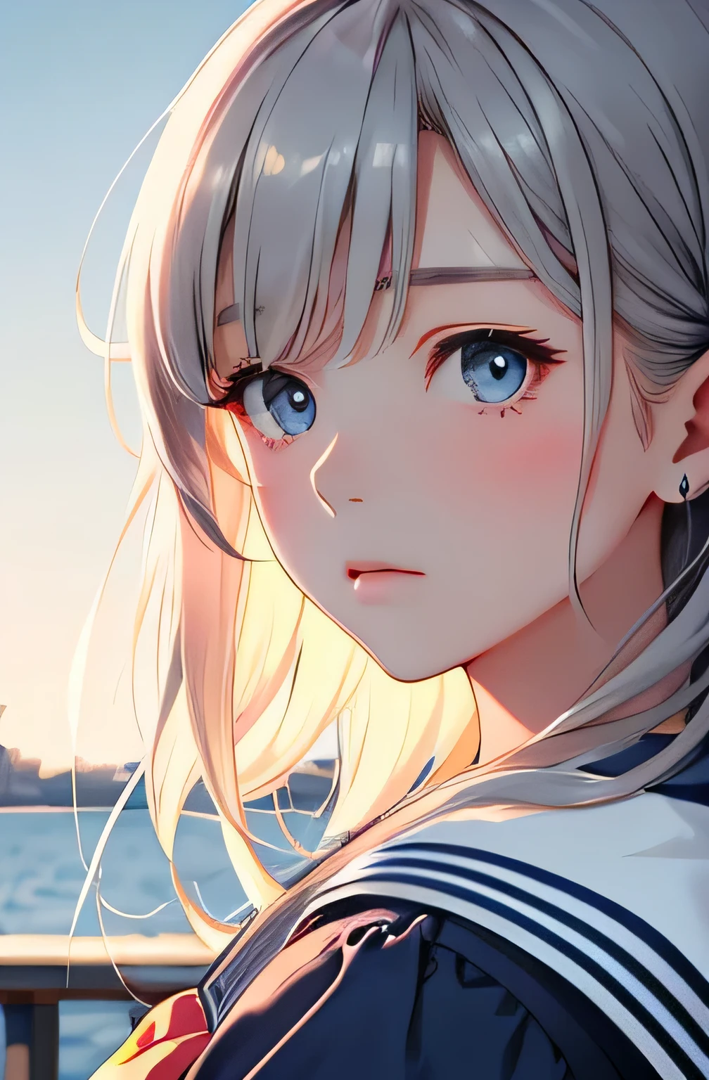(highest quality:1.4)、High resolution、detailed background)、(detailed beautiful face:1.4)、detailed expression、anatomically correct、realistic、beautiful age girl、long hair、cute hair color、cute hairstyle、Light inner color hair、Zoom in on shoulder from the side、Staring into the distance with a sad expression、upper body only、pier、The wind is blowing、Emphasis on feminine silhouettes、cute、
(Cute colored sailor uniform、white sailor collar:1.2)、plaid pleated mini skirt、Cute Eyes