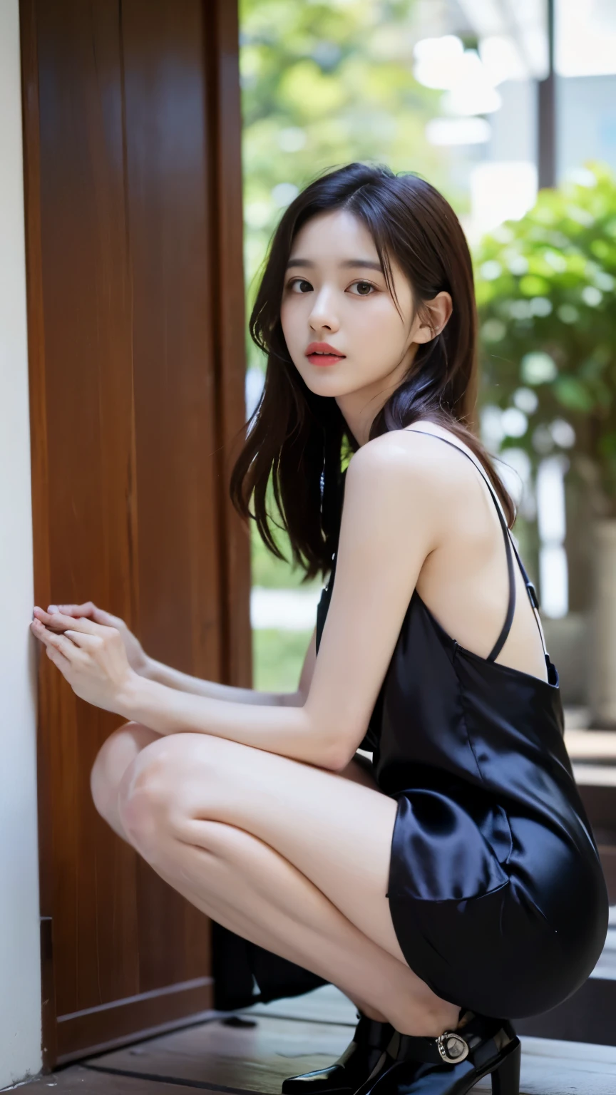 (((best quality, 8 thousand, masterpiece:1.4)), (20세 female), masterpiece, separate, Highres, High_quality, large_launch, small_face, absurdly_short_hair, female, sag_chest, balance을 맞추다, stretching, mild_face, only_shoulder, center_open, down blouse, ((best quality)), ((masterpiece)), (detailed), perfect face, very big chest, ultra High resolution room, 8 thousand, perfect body, HUD, Ergonomic, slim legs, small face, long eyelashes, Sparkling pink lips, eye for detail, clean skin, blemish-free face, korean beauty, 20세 female, female 1명, Sexy pelvis, (giant, saggy chest), balance, jungle lake, my clothes are tattered, beautiful long hair, realistic, I squatted down and looked back.., stockings, My whole body is sticky with body oil.., trained body, professional lighting, glowing skin, (shiny silk dress:1.2), front-facing,