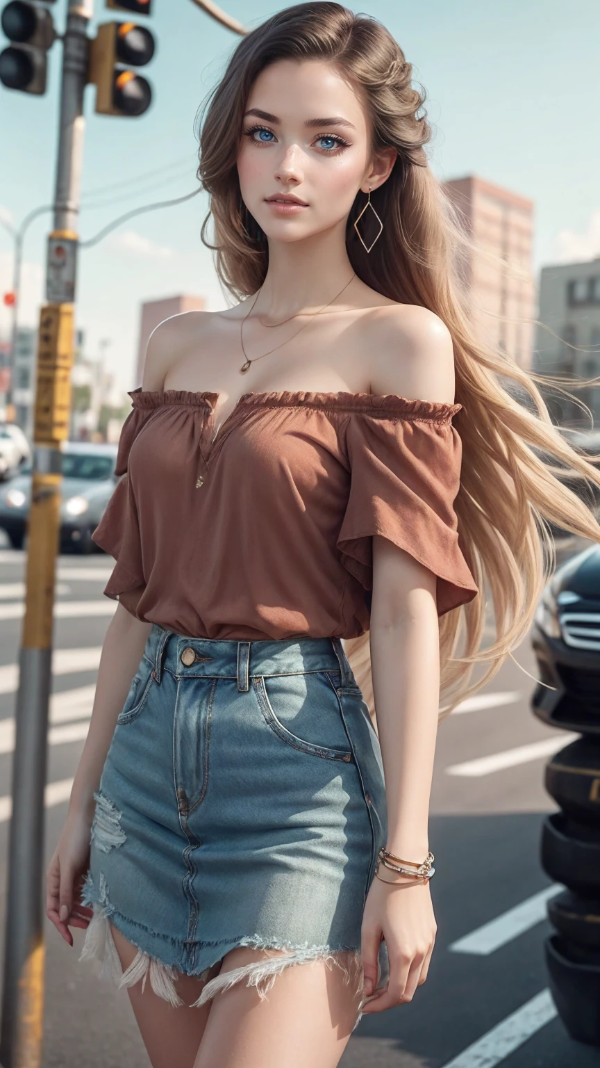 (最high quality, 8K, masterpiece: 1.3, Ultra HD, high quality, 最high quality, High resolution, realism)) 、25 year old white woman、brunette、blue eyes、long hair、smile、slender、slenderだがアスリートのような細マッチョ、I don&#39;t want my head to disappear from the screen.、Wear accessories on your wrist、Wearing red nail polish、I have a peticure、Wear a sheer, off-the-shoulder bodycon top、wear sandals、have a clutch bag、Skyscraper background、Waiting for a traffic light at an intersection、crystal earrings((crystal earrings))、inner color((colored inner hair))、long hair ((long hair))、dark blonde、dreadlocks((dreadlocks))