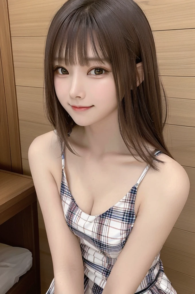 masterpiece, highest quality, High resolution,super detailed, amazingly beautiful woman,1人の girl, (美しいgirl, デリケートなgirl:1.3), (:1.4), break, (Casual dress with plaid pattern:1.3), break, extremely fine-grained clarity, (symmetrical eyes:1.3), break, (in town:1.3), break, small breasts, brown eyes, brown hair, girl, break, (Eye and face details:1.3),break,smile