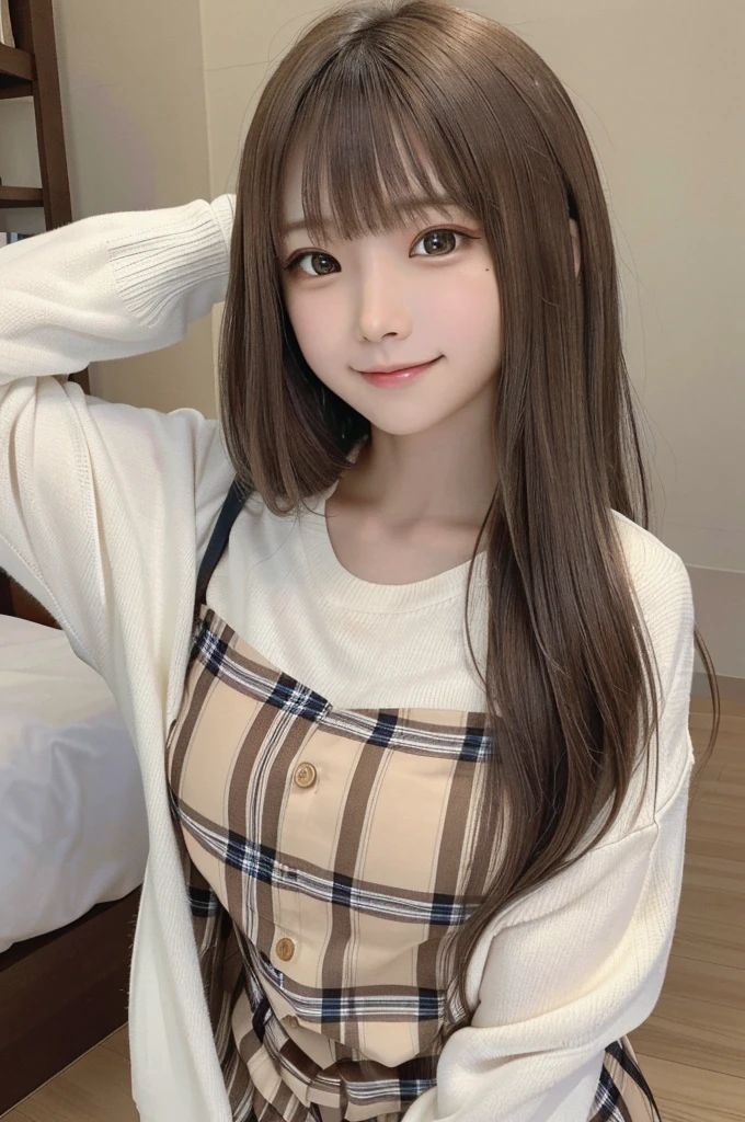 masterpiece, highest quality, High resolution,super detailed, amazingly beautiful woman,1人の girl, (美しいgirl, デリケートなgirl:1.3), (12 years old:1.4), break, (Casual dress with plaid pattern:1.3), break, extremely fine-grained clarity, (symmetrical eyes:1.3), break, (in town:1.3), break, small breasts, brown eyes, brown hair, girl, break, (Eye and face details:1.3),break,smile