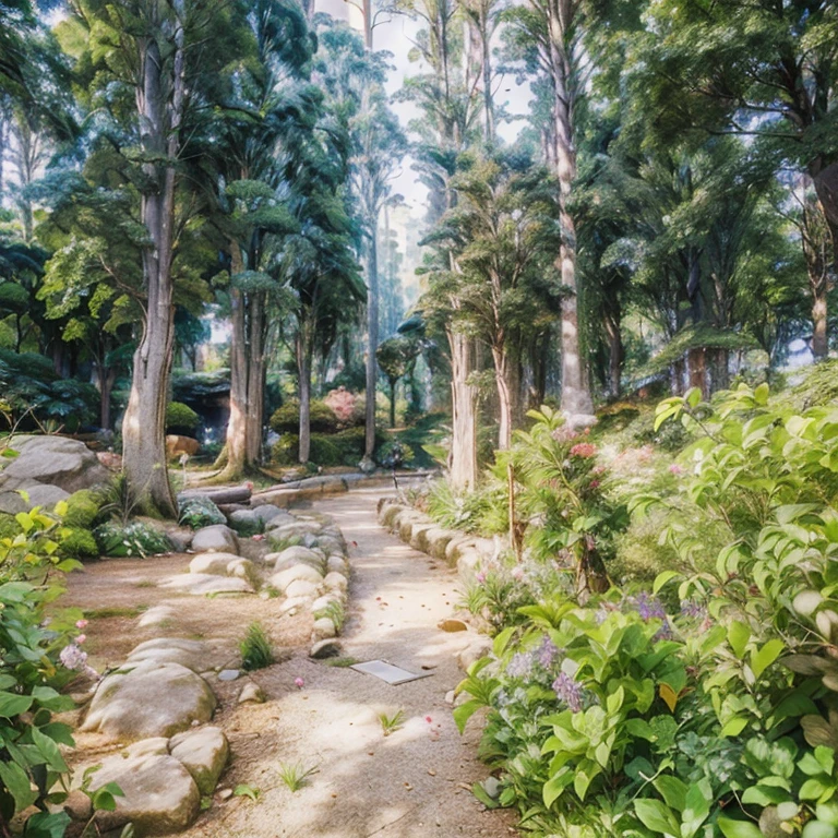 There is a small road，There is a bench in the middle, natural botanical gardens, Completely covered by nature, lush Trees and flowers, many trees and plants, in serene forest environment, There are Matsu pine trees, Beautiful ancient garden behind, forest environment, Lush plants and bonsai trees, Shot with Sony a3 camera, Flowers and trees, Trees and flowers