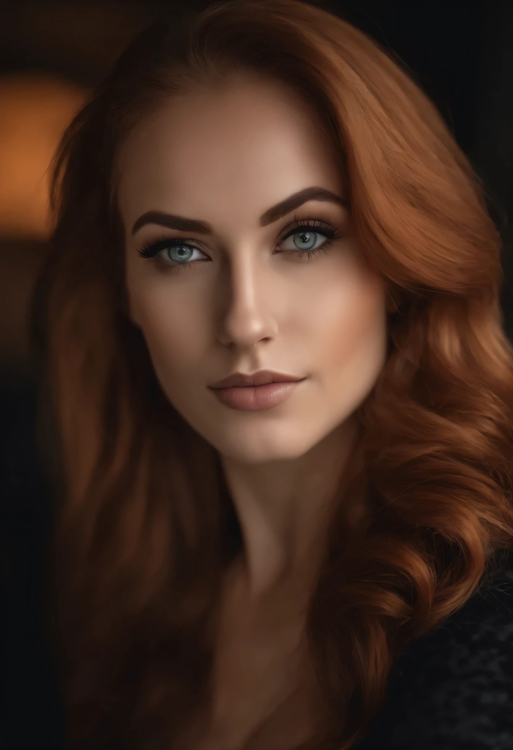 arafed woman with black clothes, sexy girl with brown eyes, portrait, ginger long hair and large eyes, selfie of a young woman, bedroom, violet myers, without makeup, natural makeup, looking directly at the camera, face with artgram, subtle makeup, stunning full body shot, in bedroom, cleavage