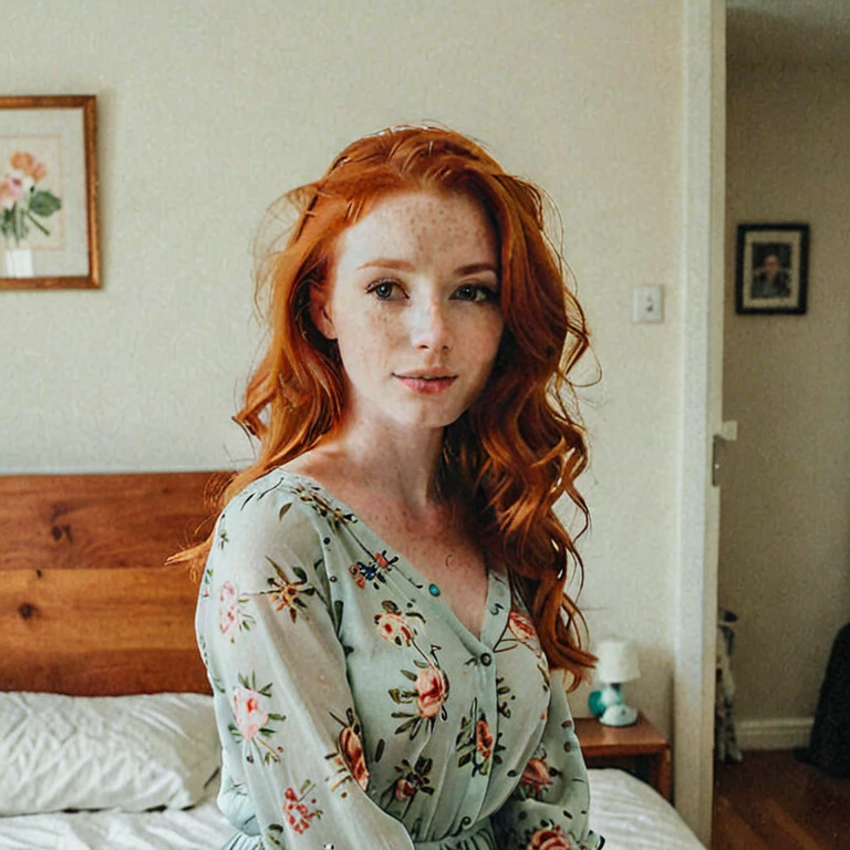 A redhead woman in a dressed selfie in her bedroom 