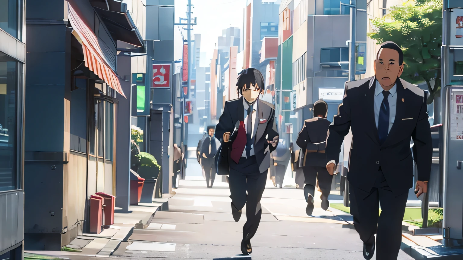 Japan in a suit((male))Office worker in the morning、Running towards me crying, carrying a large black plastic bag and a purse、((from the front))、Accurate male face