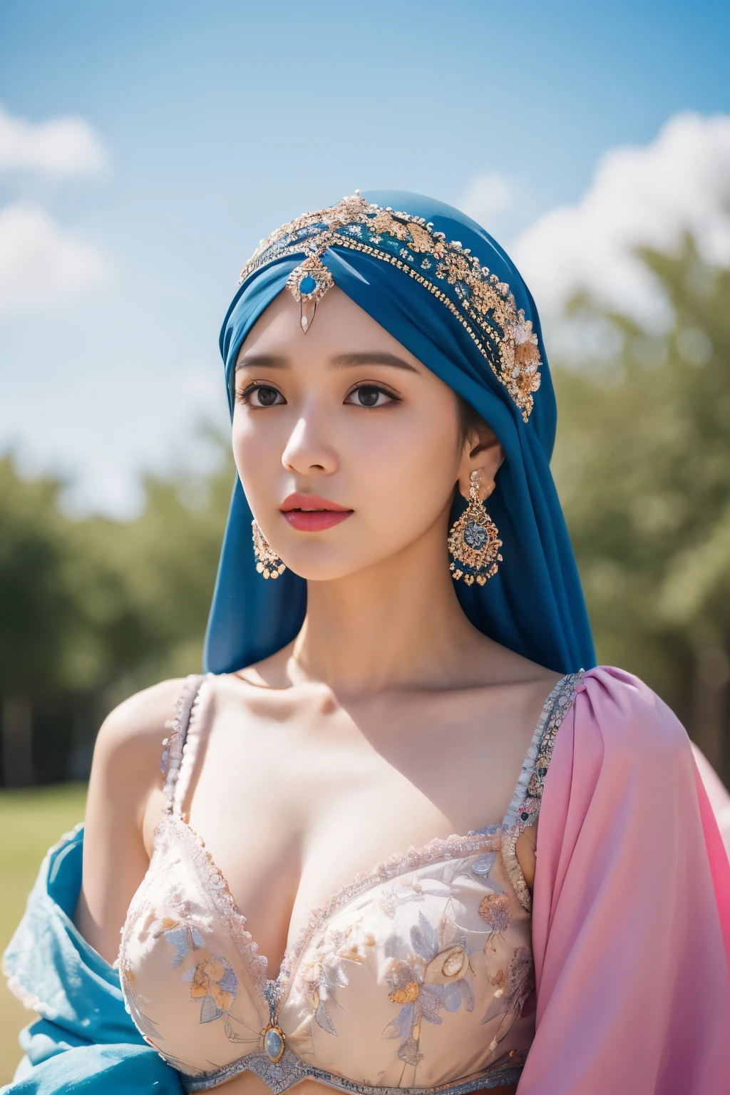 colorful, sky, flowers, magical, fantasy, tale, top-quality,Beautiful detailed hijabi,Bewitching face,tzuyu iu yooa ,long lashes,Wearing a colorful bellydancer,Detailed details,Colossal ,With cleavage, underboob, sideboob,stares at the camera、javanese castle