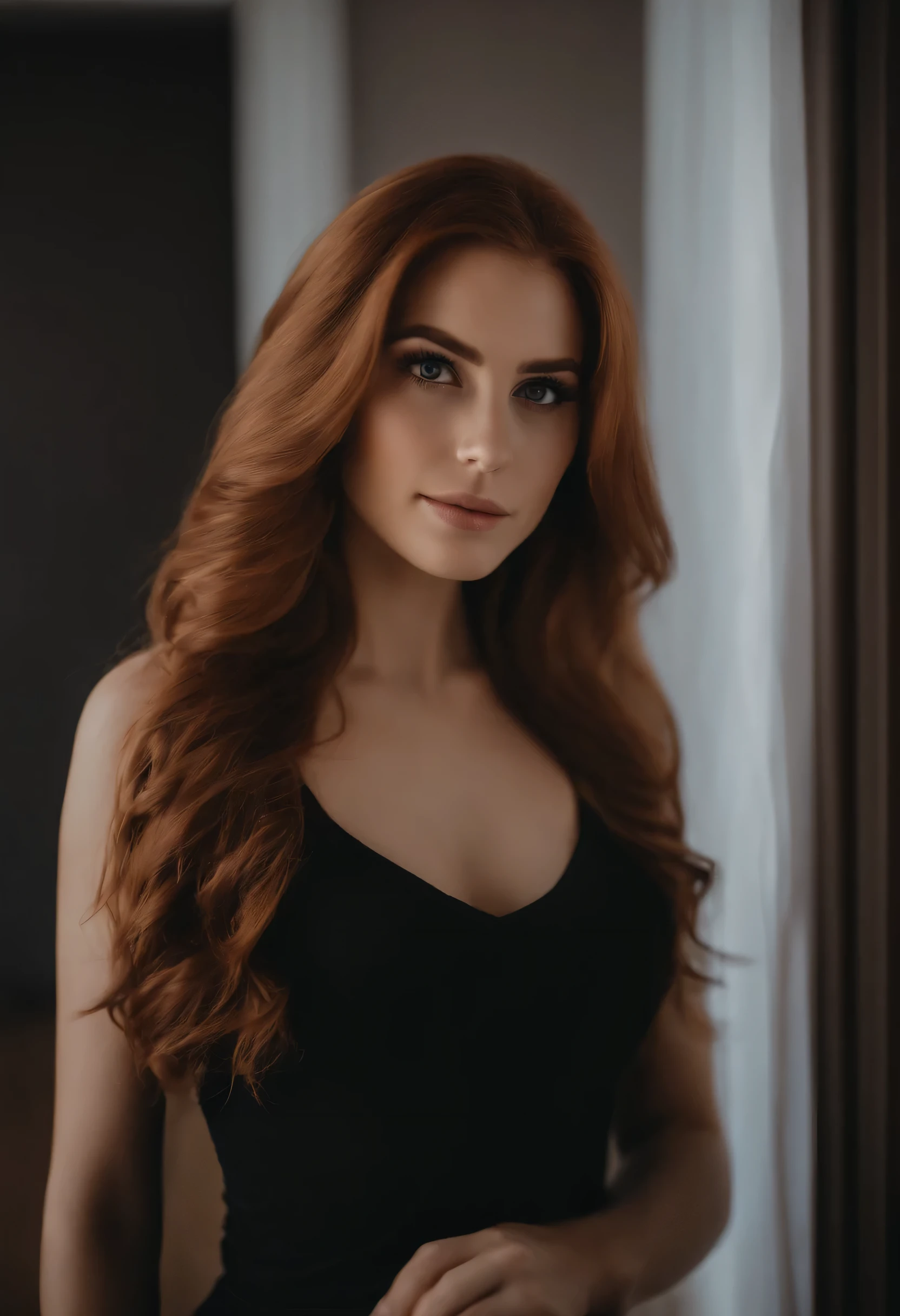 arafed woman with black clothes, sexy girl with brown eyes, portrait, ginger long hair and large eyes, selfie of a young woman, bedroom, violet myers, without makeup, natural makeup, looking directly at the camera, face with artgram, subtle makeup, stunning full body shot, in bedroom, cleavage