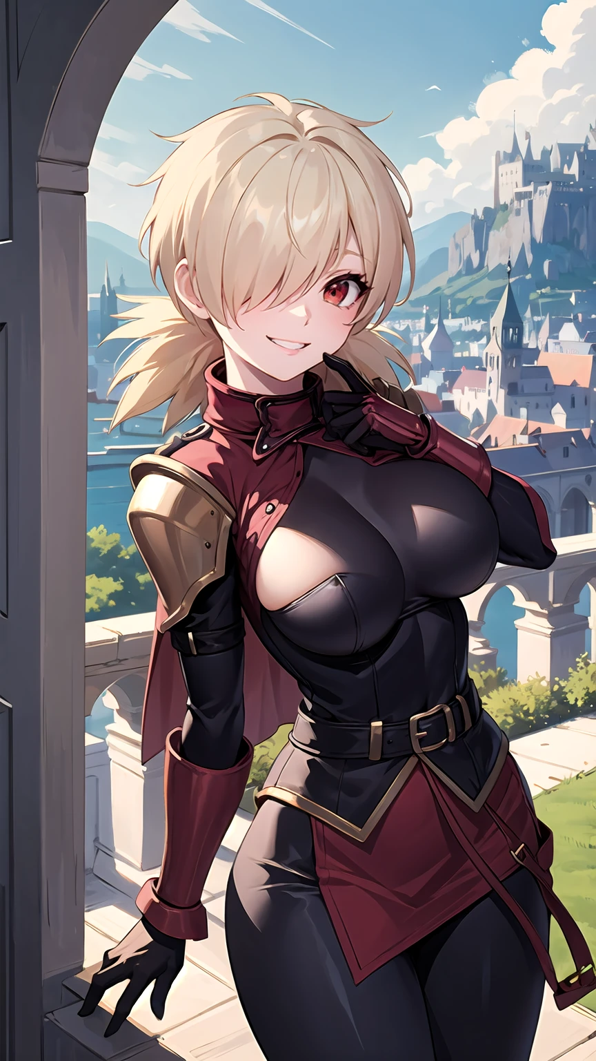 (masterpiece, best quality, detailed), 1girl, solo, seras victoria, hair over one eye, looking at viewer, 
armor, breastplate, armored dress, cape, gauntlets, shoulder armor, bodysuit, outdoors, mountain, castle, fantasy, scenery, sky, hands behind back, smirk, red eyes,  boob window, breast window, sexy,  balcony, castle background 