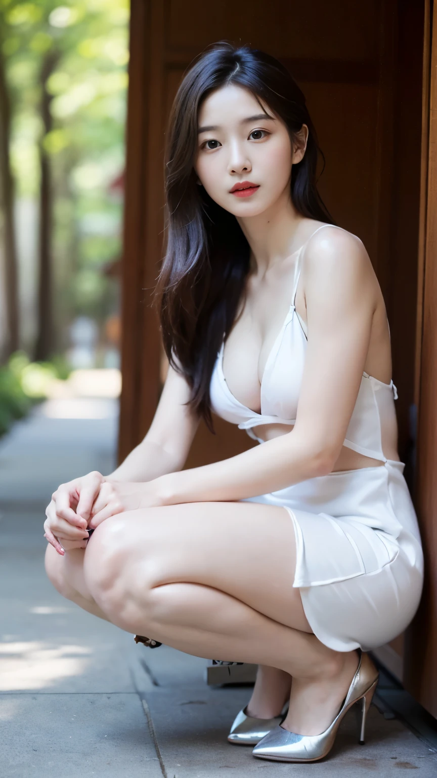 (((best quality, 8 thousand, masterpiece:1.4)), (20세 female), masterpiece, separate, Highres, High_quality, large_launch, small_face, absurdly_short_hair, female, sag_chest, balance을 맞추다, stretching, mild_face, only_shoulder, center_open, down blouse, ((best quality)), ((masterpiece)), (detailed), perfect face, very big chest, ultra High resolution room, 8 thousand, perfect body, HUD, Ergonomic, slim legs, small face, long eyelashes, Sparkling pink lips, eye for detail, clean skin, blemish-free face, korean beauty, 20세 female, female 1명, Sexy pelvis, (giant, saggy chest), balance, jungle lake, my clothes are tattered, beautiful long hair, realistic, I squatted down and looked back.., stockings, My whole body is sticky with body oil.., trained body, professional lighting, glowing skin, (shiny silk dress:1.2), front-facing,