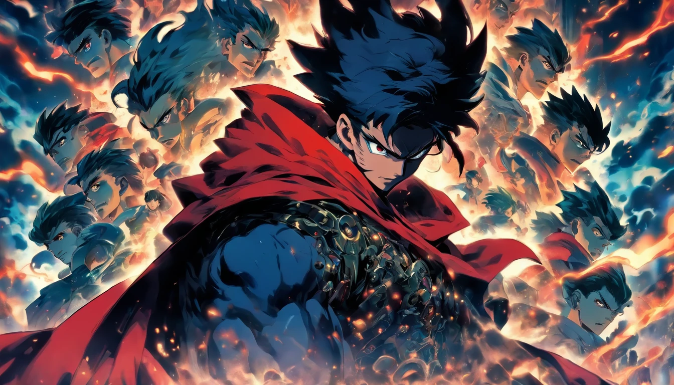 50s, male, final boss, dark blue hair, black steam floating around, intense gaze, wearing a red cloak, many allies behind him, looking at the camera
