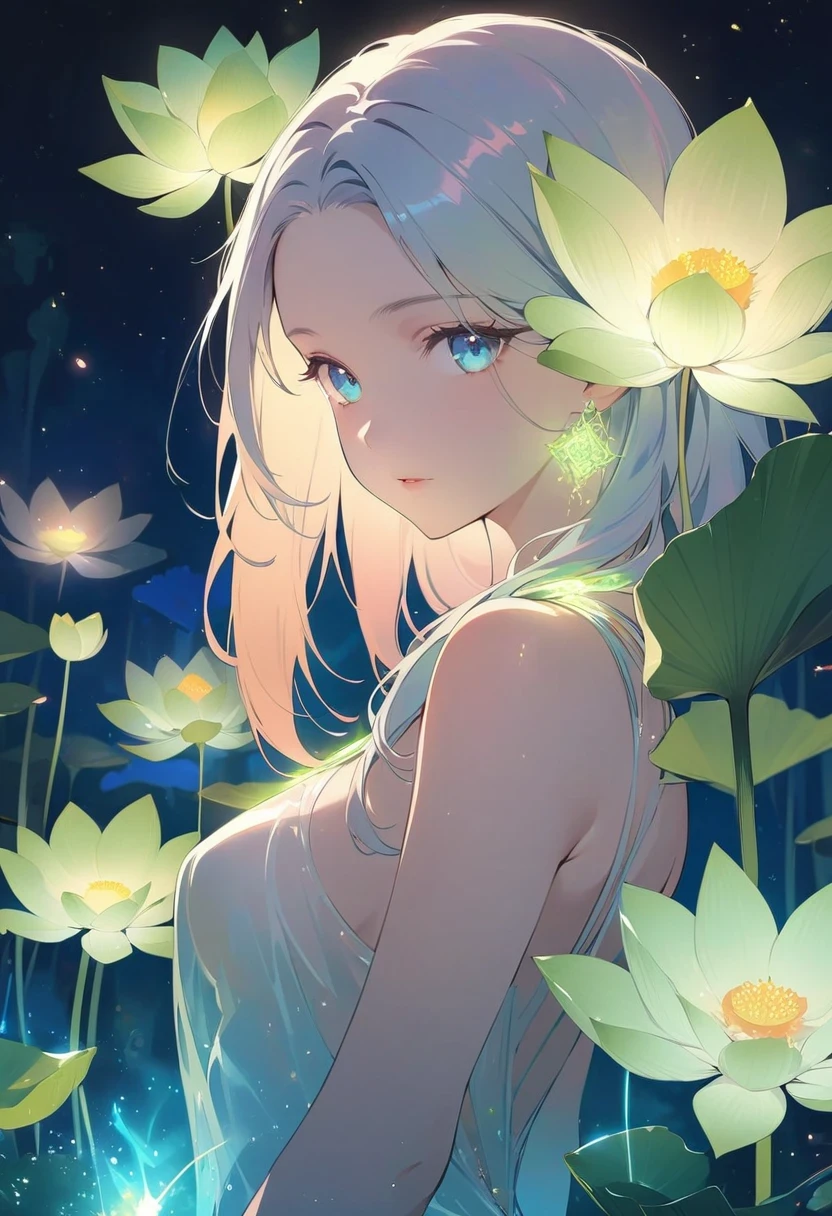 In digital art style, charming illustration,peaceful picture，1 girl, beautiful eyes，tall lotus，alone，body glow，Glowing lines，fluorescence,glow example，Example tracking，flash，light particles，Backlight，Translucent，light particles，Correct human anatomy，