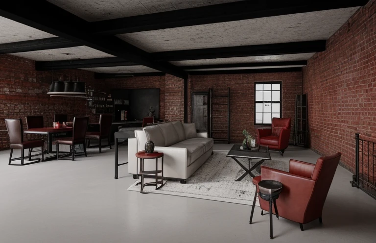 cinematic scene of an industrial style loft with red brick walls, black leather couch, white floor, black ceiling