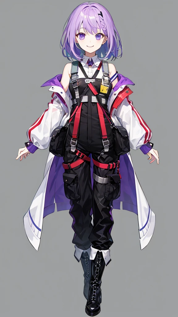 purple hair girl,medium hair,Harness,No sleeve,pants,boots,simple background,smile,whole body,full body,full body,Standing picture,vtuber,front,from front,Viewer's perspective,視線をfrontに,