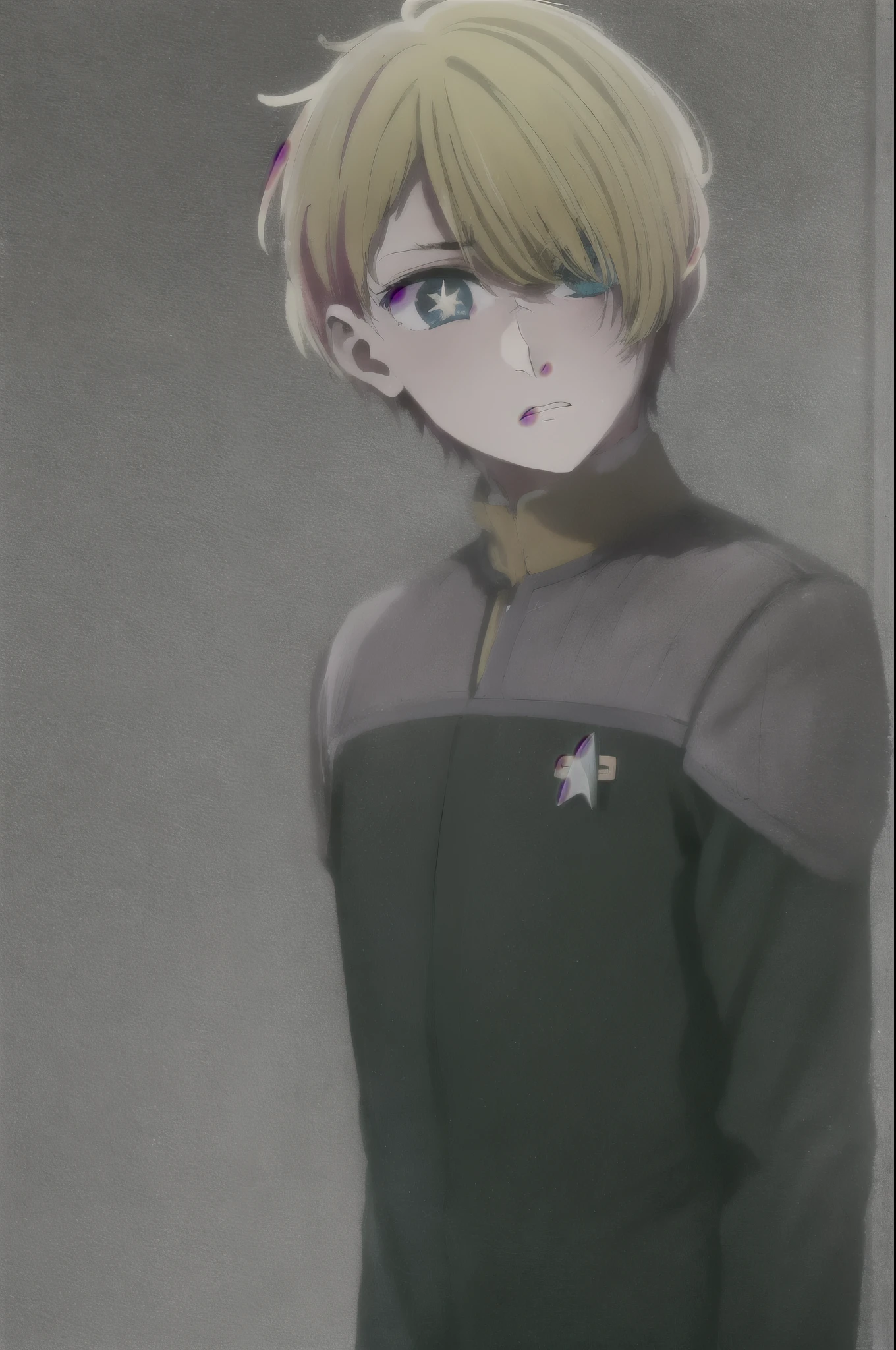 aquamarine hoshino, blue eyes, blonde hair, hair between eyes, (symbol-shaped pupils:1.5), ds9st red and black uniform ds9st teal and black uniform ds9st yellow and black uniform ds9st command ds9st operations ds9st science concern expression worry expression
