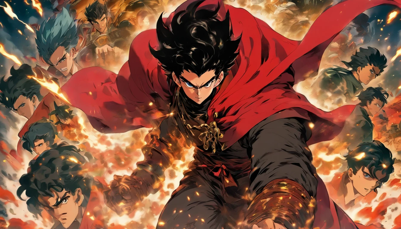 50s, man, final boss, black hair, black steam floating around, intense gaze, wearing a red cloak, many companions behind him, looking at the camera, front