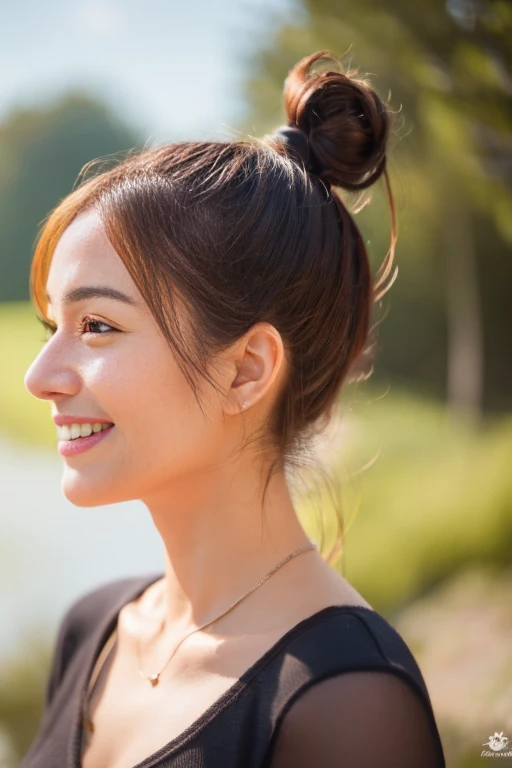 adult female、30 years old、smile、one piece、ponytail、profile