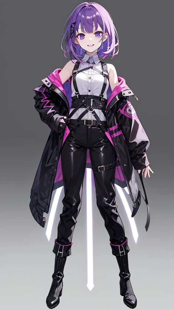 purple hair girl,medium hair,Harness,No sleeve,pants,boots,simple background,smile,whole body,full body,full body,Standing picture,vtuber,front,from front,Viewer's perspective,視線をfrontに,